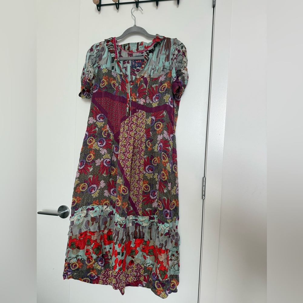 Johnny Was Floral Patchwork Tie‑Back Midi Dress • Size M